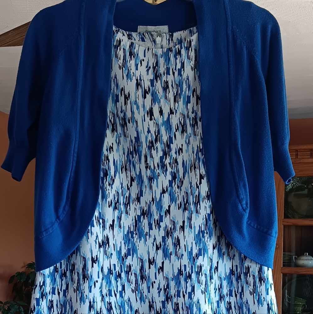 dressbarn Blue and White Patterned Tank Dress W Short Sweater Cami